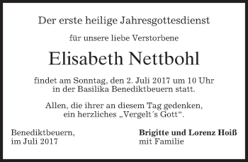 Traueranzeige von Elisabeth Nettbohl von merkurtz
