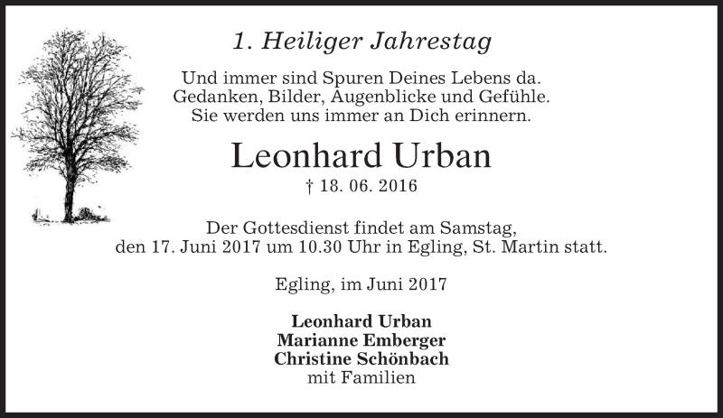 Traueranzeige für Leonhard Urban vom 16.06.2017 aus merkurtz