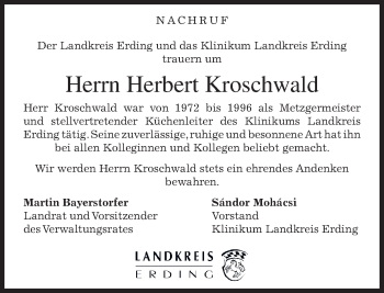 Traueranzeige von Herbert Kroschwald von merkurtz
