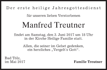 Traueranzeige von Manfred Treutner von merkurtz