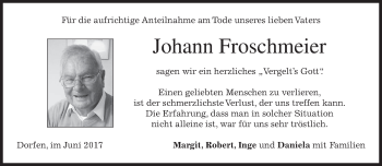Traueranzeige von Johann Froschmeier von merkurtz