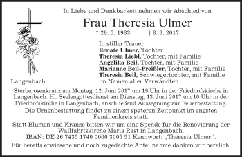 Traueranzeige von Theresia Ulmer von merkurtz