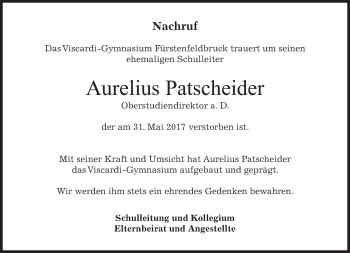 Traueranzeige von Aurelius Patscheider von merkurtz