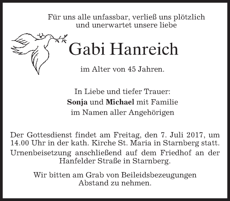  Traueranzeige für Gabi Hanreich vom 01.07.2017 aus merkurtz