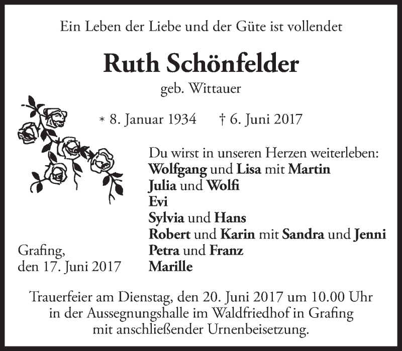  Traueranzeige für Ruth Schönfelder vom 17.06.2017 aus merkurtz