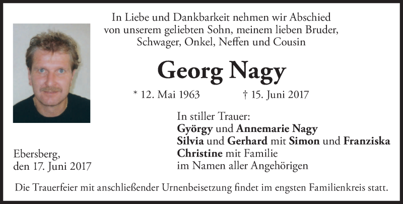  Traueranzeige für Georg Nagy vom 17.06.2017 aus merkurtz