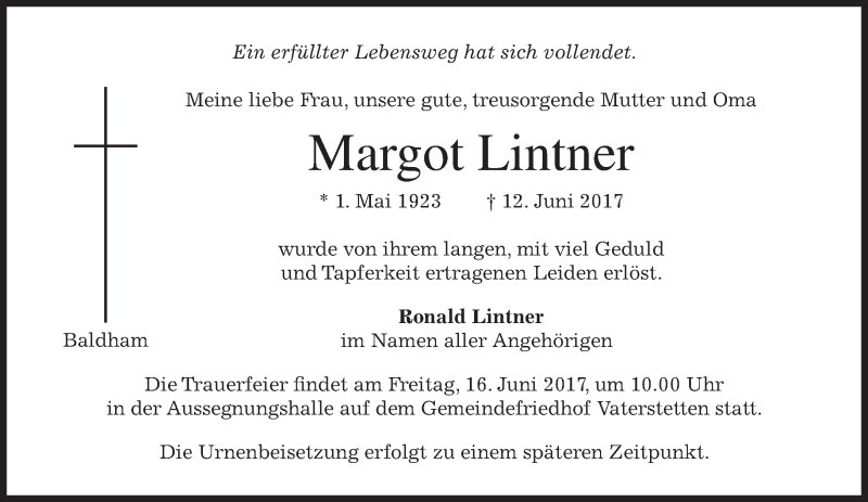  Traueranzeige für Margot Lintner vom 14.06.2017 aus merkurtz