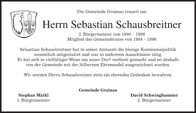  Traueranzeige für Sebastian Schausbreitner vom 27.06.2017 aus merkurtz