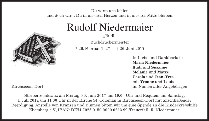  Traueranzeige für Rudolf Niedermaier vom 29.06.2017 aus merkurtz