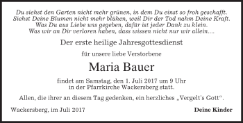 Traueranzeige von Maria Bauer von merkurtz