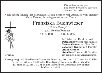 Traueranzeige von Franziska Buchwieser von merkurtz