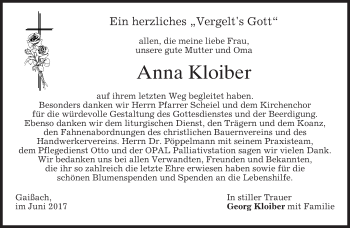 Traueranzeige von Anna Kloiber von merkurtz