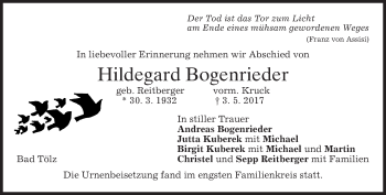 Traueranzeige von Hildegard Bogenrieder von merkurtz