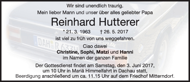  Traueranzeige für Reinhard Hutterer vom 01.06.2017 aus merkurtz