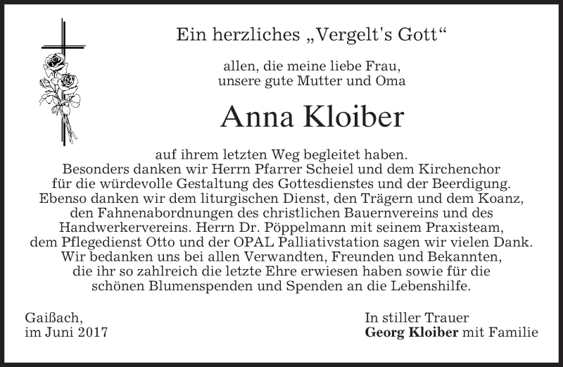  Traueranzeige für Anna Kloiber vom 17.06.2017 aus merkurtz