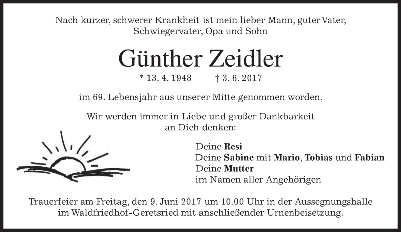  Traueranzeige für Günther Zeidler vom 06.06.2017 aus merkurtz