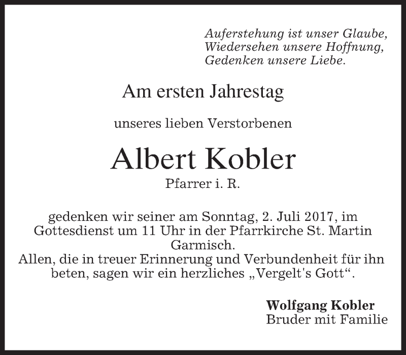 Traueranzeige für Albert Kobler vom 29.06.2017 aus merkurtz