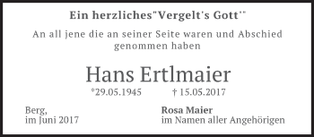 Traueranzeige von Hans Ertlmaier von merkurtz