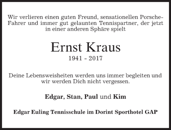 Traueranzeige von Ernst Kraus von merkurtz