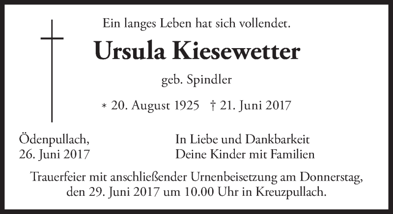  Traueranzeige für Ursula Kiesewetter vom 24.06.2017 aus merkurtz