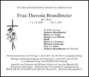 Traueranzeige von Theresia Brandlmeier von merkurtz