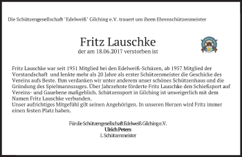 Traueranzeige von Fritz Lauschke von merkurtz