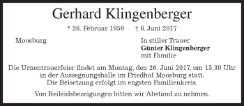 Traueranzeige von Gerhard Klingenberger von merkurtz