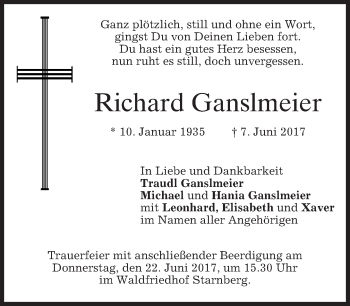 Traueranzeige von Richard Ganslmeier von merkurtz