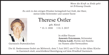 Traueranzeige von Therese Ostler von merkurtz