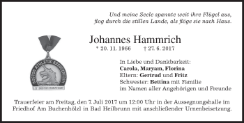 Traueranzeige von Johannes Hammrich von merkurtz
