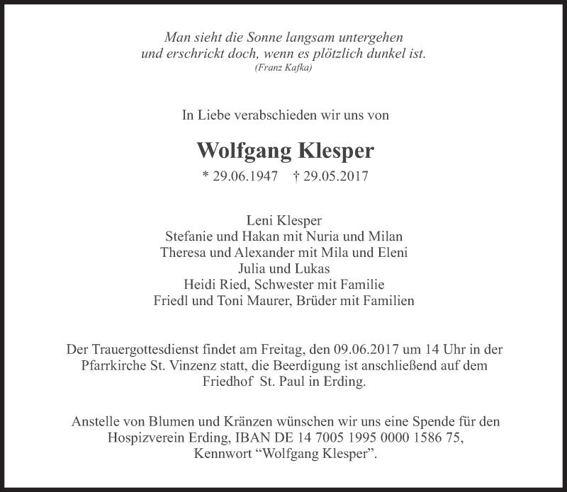  Traueranzeige für Wolfgang Klesper vom 01.06.2017 aus merkurtz