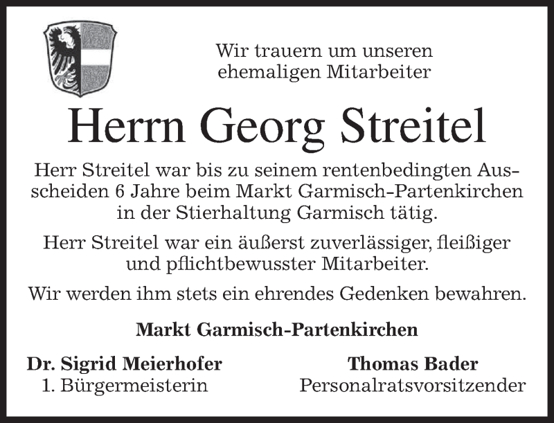  Traueranzeige für Georg Streitel vom 03.06.2017 aus merkurtz