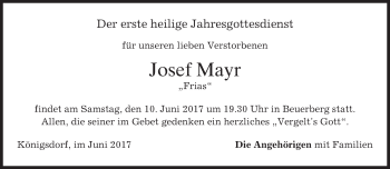 Traueranzeige von Josef Mayr von merkurtz
