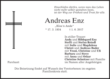 Traueranzeige von Andreas Enz von merkurtz