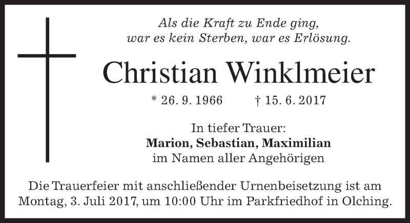  Traueranzeige für Christian Winklmeier vom 29.06.2017 aus merkurtz