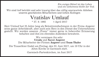 Traueranzeige von Vratislav Umlauf von merkurtz