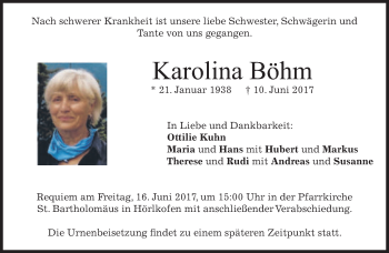 Traueranzeige von Karolina Böhm