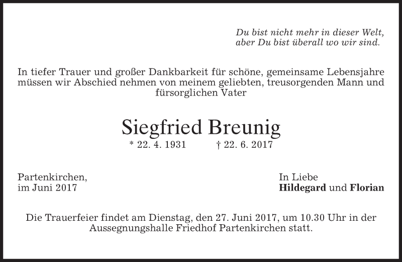  Traueranzeige für Siegfried Breunig vom 24.06.2017 aus merkurtz