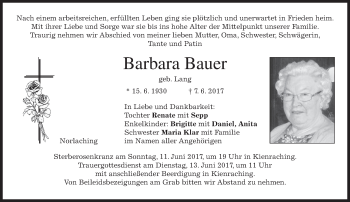 Traueranzeige von Barbara Bauer von merkurtz