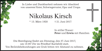 Traueranzeige von Nikolaus Kirsch von merkurtz