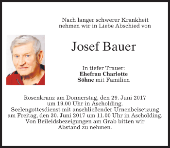 Traueranzeige von Josef Bauer von merkurtz