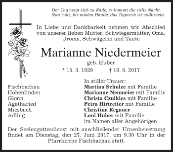 Traueranzeige von Marianne Niedermeier von merkurtz