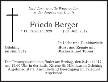 Traueranzeige von Frieda Berger von merkurtz