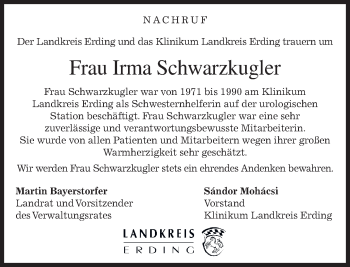 Traueranzeige von Irma Schwarzkugler von merkurtz
