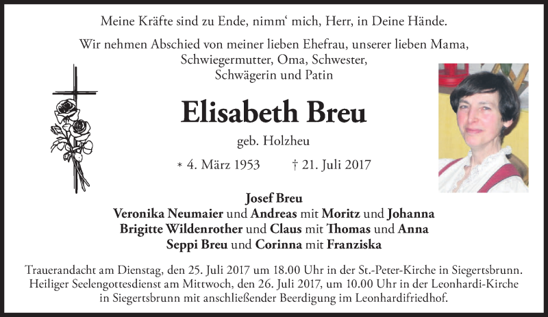  Traueranzeige für Elisabeth Breu vom 24.07.2017 aus merkurtz