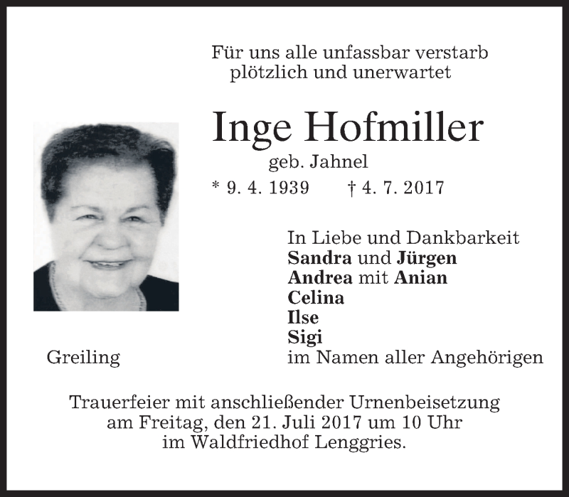  Traueranzeige für Inge Hofmiller vom 19.07.2017 aus merkurtz