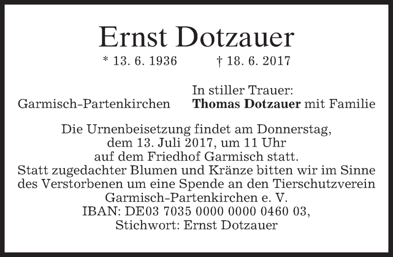  Traueranzeige für Ernst Dotzauer vom 11.07.2017 aus merkurtz