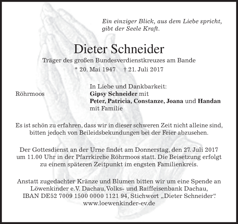  Traueranzeige für Dieter Schneider vom 25.07.2017 aus merkurtz