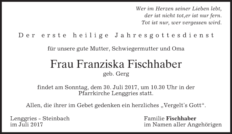 Traueranzeige für Franziska Fischhaber vom 27.07.2017 aus merkurtz