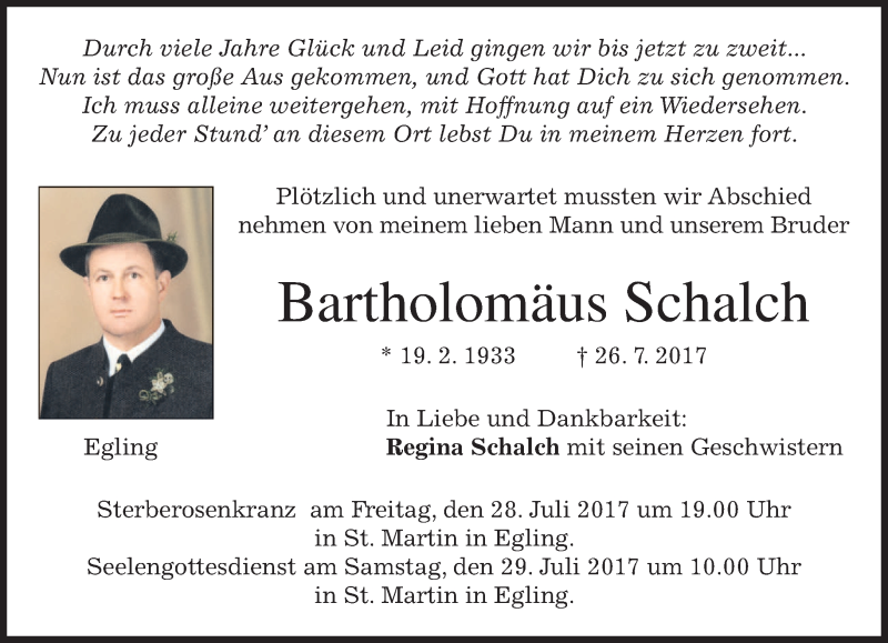  Traueranzeige für Bartholomäus Schalch vom 27.07.2017 aus merkurtz